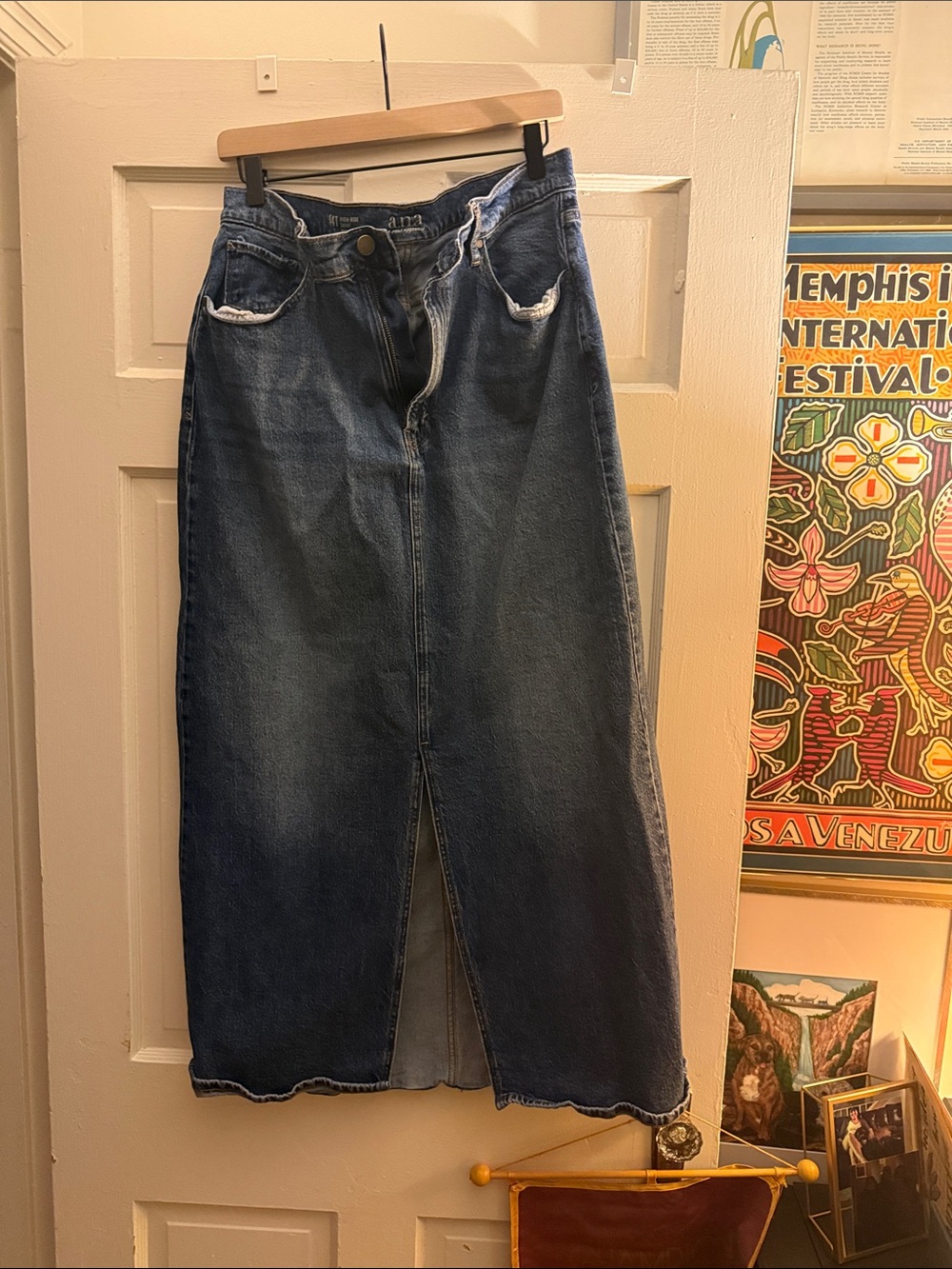 a.n.a Dark Blue Denim Straight-Leg maxi Skirt with Front Slit